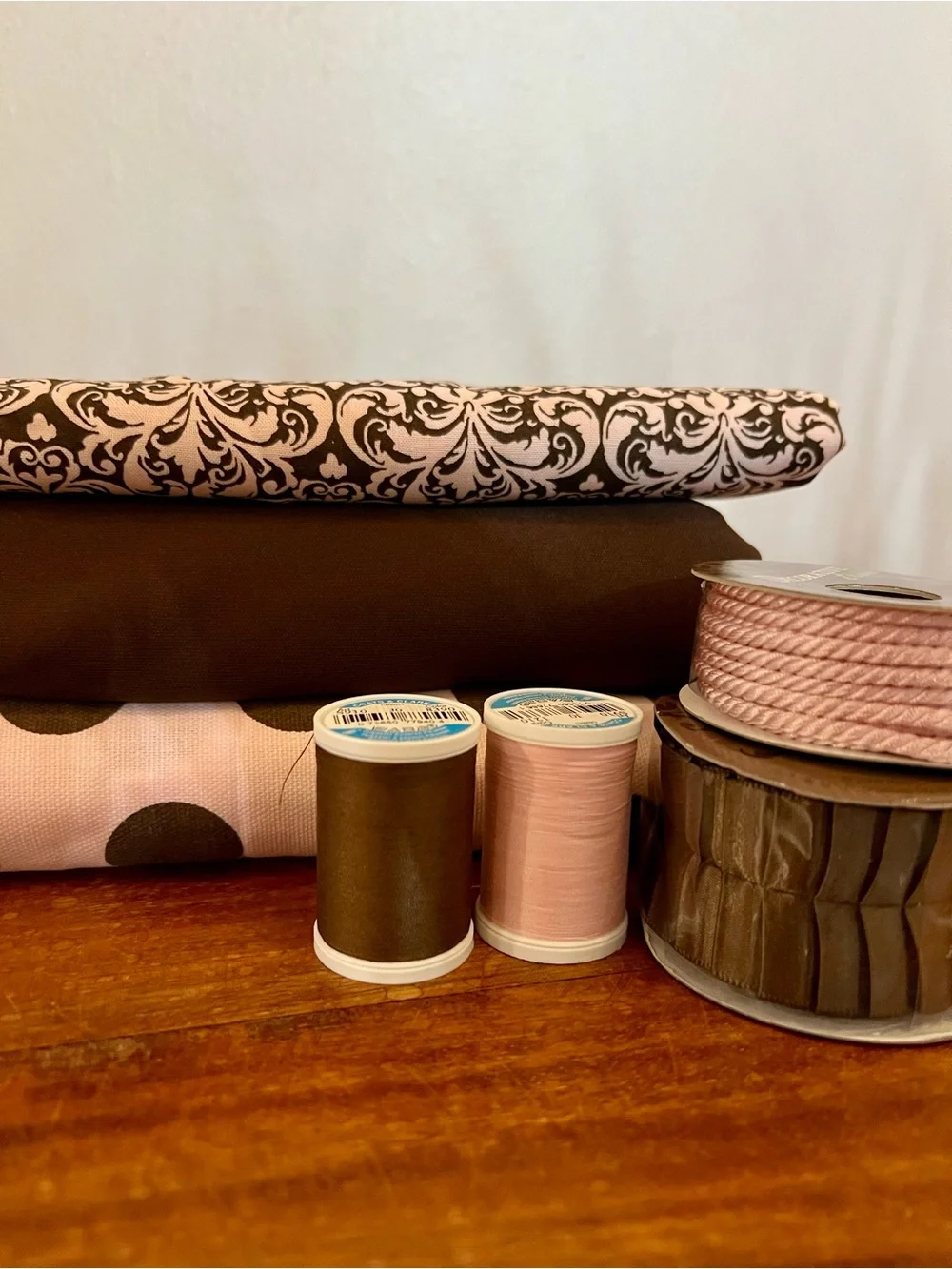 Fabric Lot — Coordinating with Notions— Brown, Pink, Polka Dots, Damask, Ribbon
